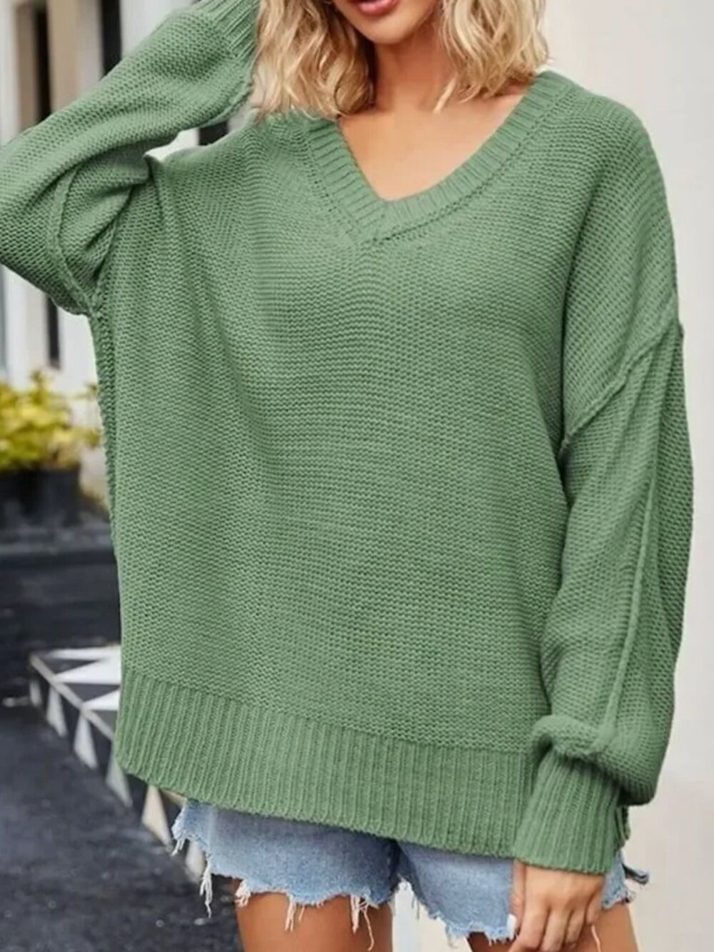 Free People Alli V-Neck Oversized Pullover Chunky Knit Sweater